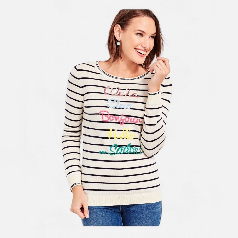 TALBOTS Ivory Hello Sequin Button-Back Crewneck Sweater Striped size Medium
